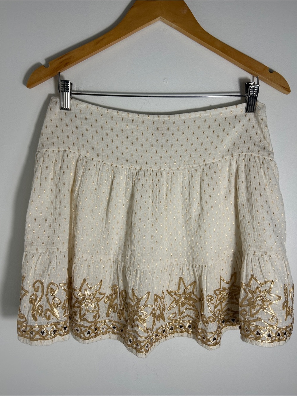 RAGA Cream Cotton Lined Boho Mini Skater Skirt Gold Embroidered Hem Women’s L